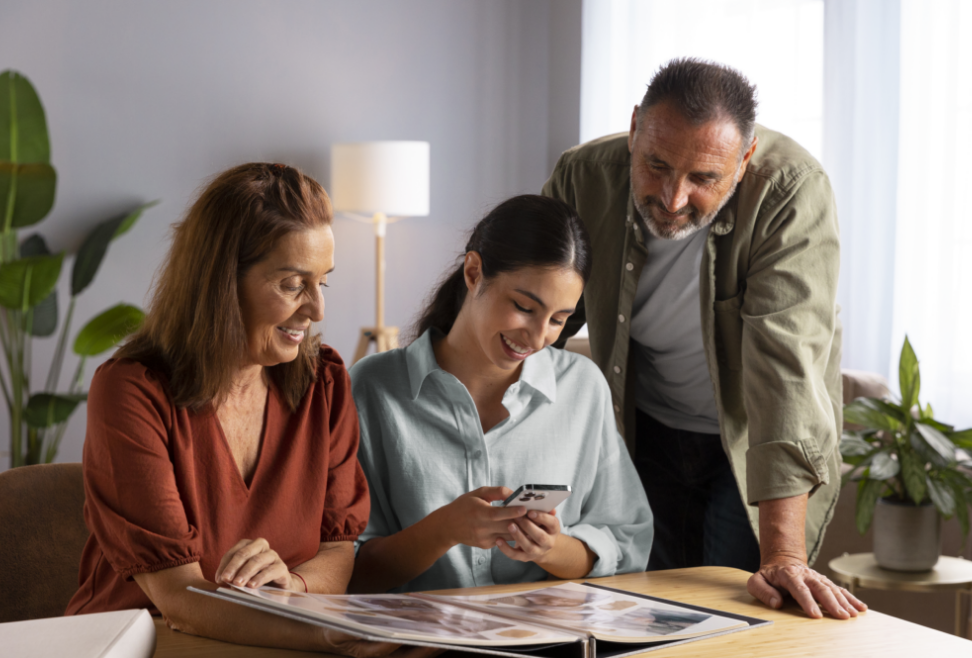Familia feliz revisando la información de su inmueble arrendado con Efectibienes en Medellín
