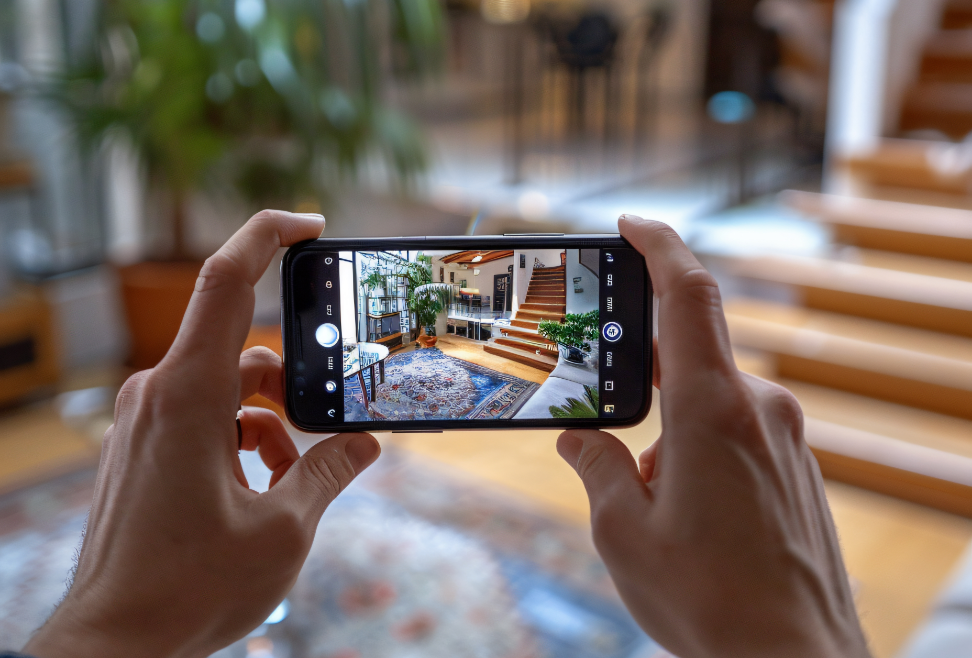 Persona experta de Efectibienes tomando fotografías profesionales del inmueble para promocionarlo en Medellín